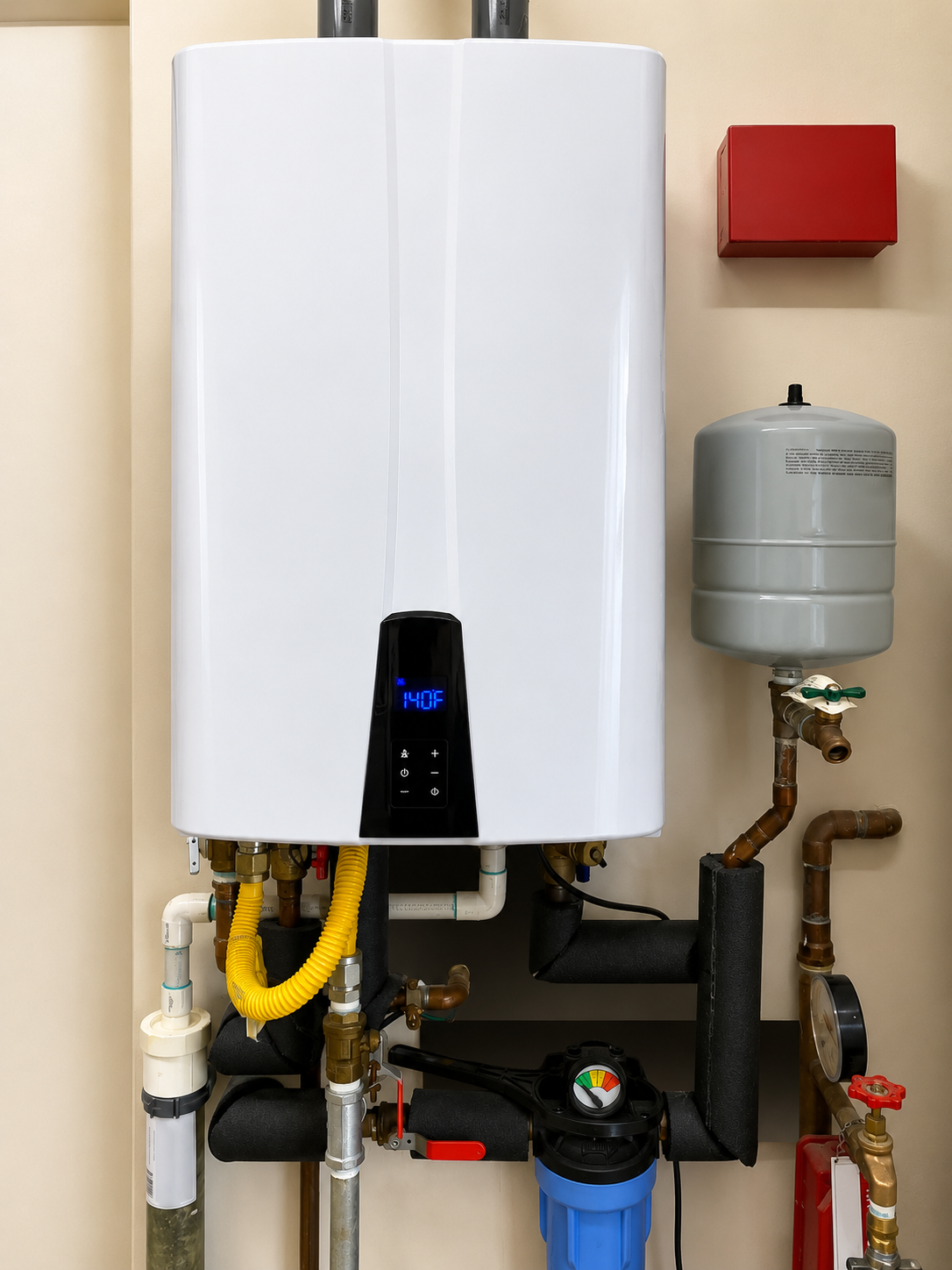Wall-mounted water heater with pipes, yellow hose, and gray expansion tank in a utility closet