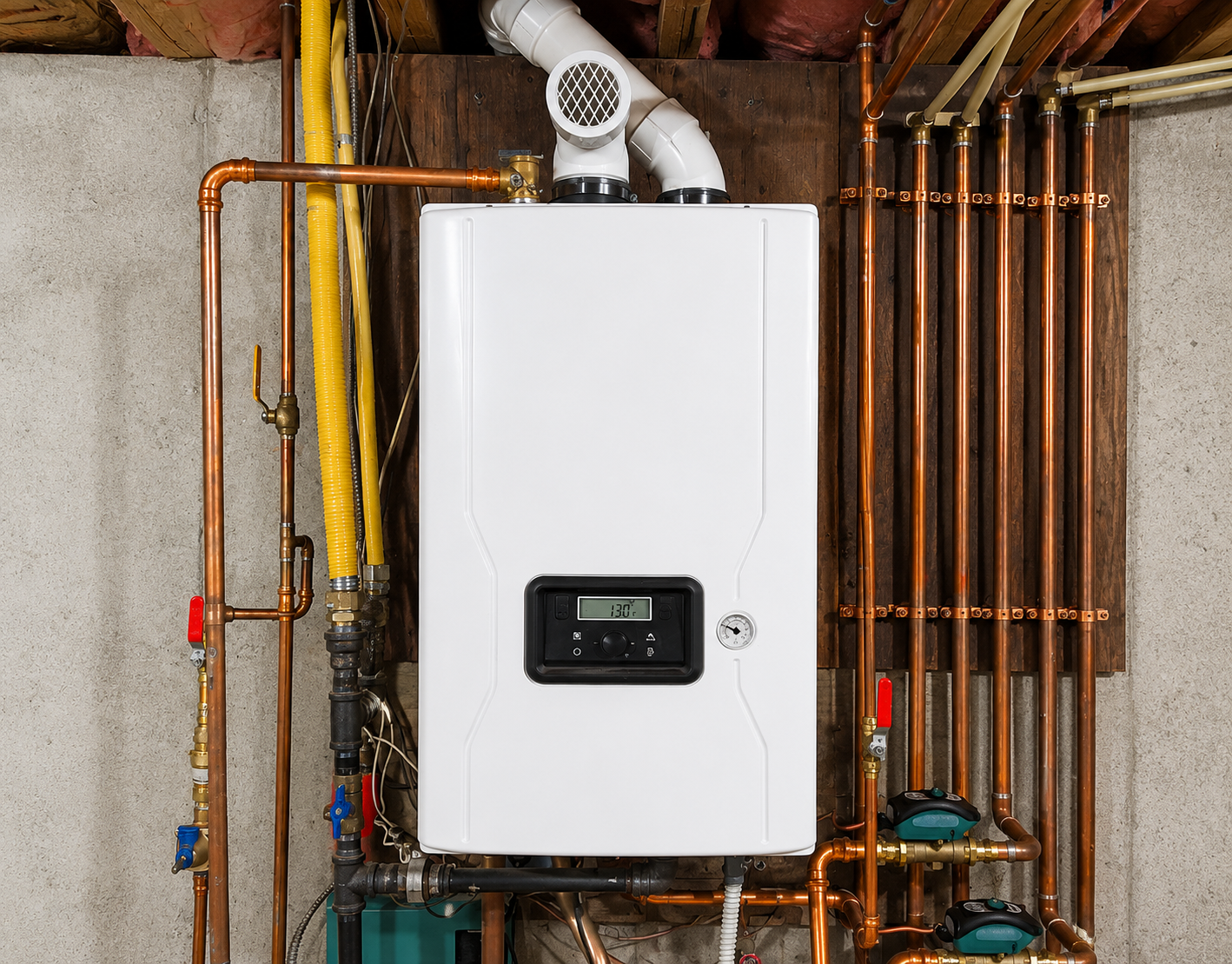 White boiler unit with digital display and copper pipes in a utility room