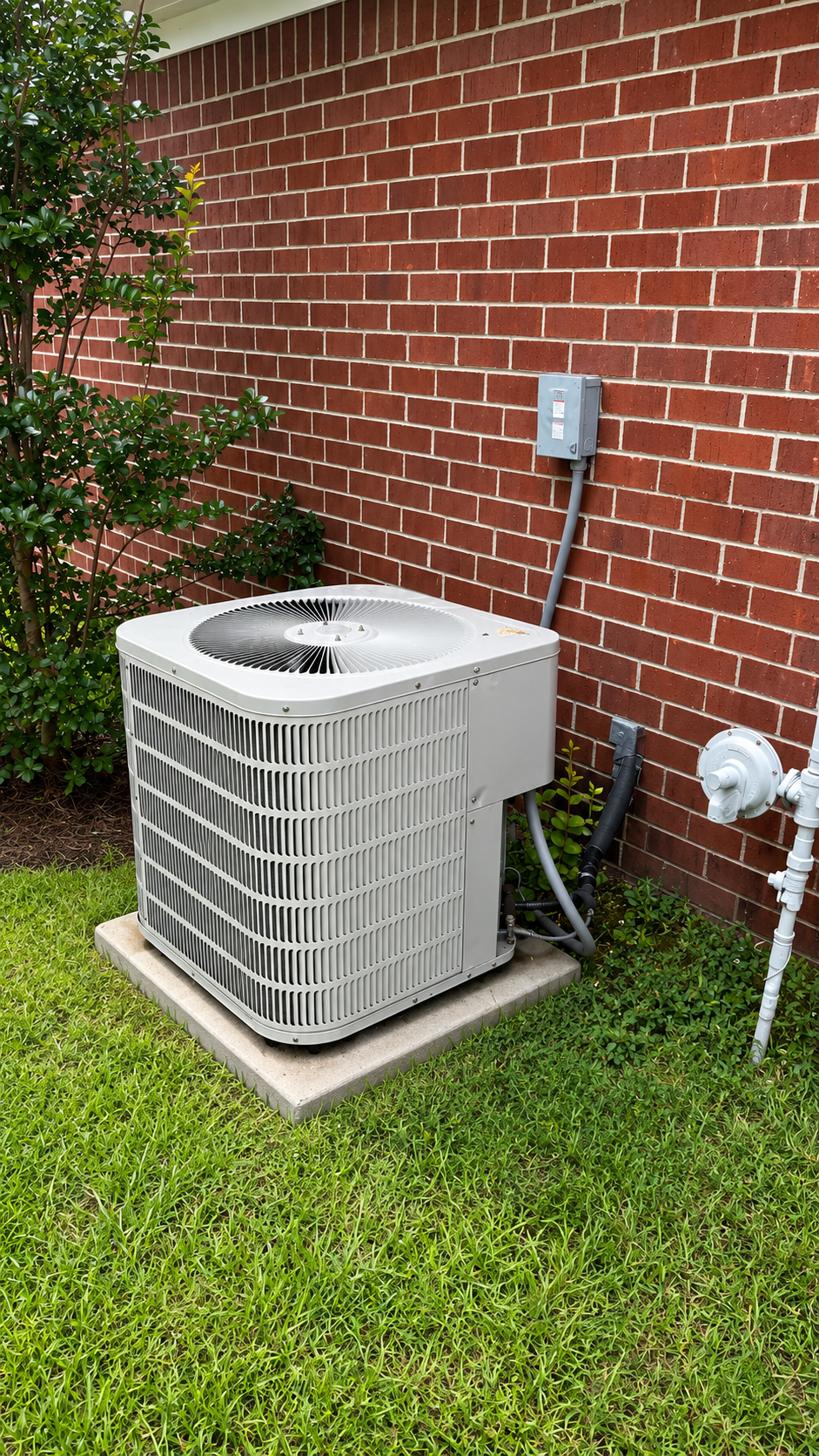 Outdoor air conditioner unit beside a red brick wall on a concrete pad, with grass and utility box nearby
