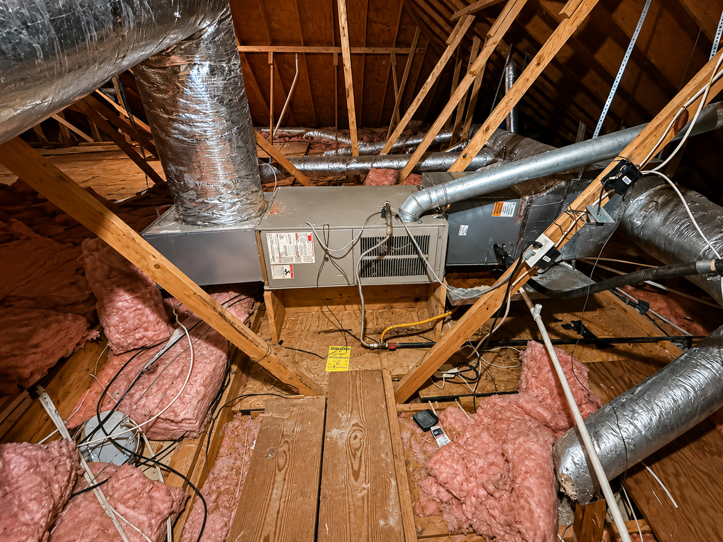 Attic with exposed wooden rafters, ductwork, pink insulation, and a central HVAC unit