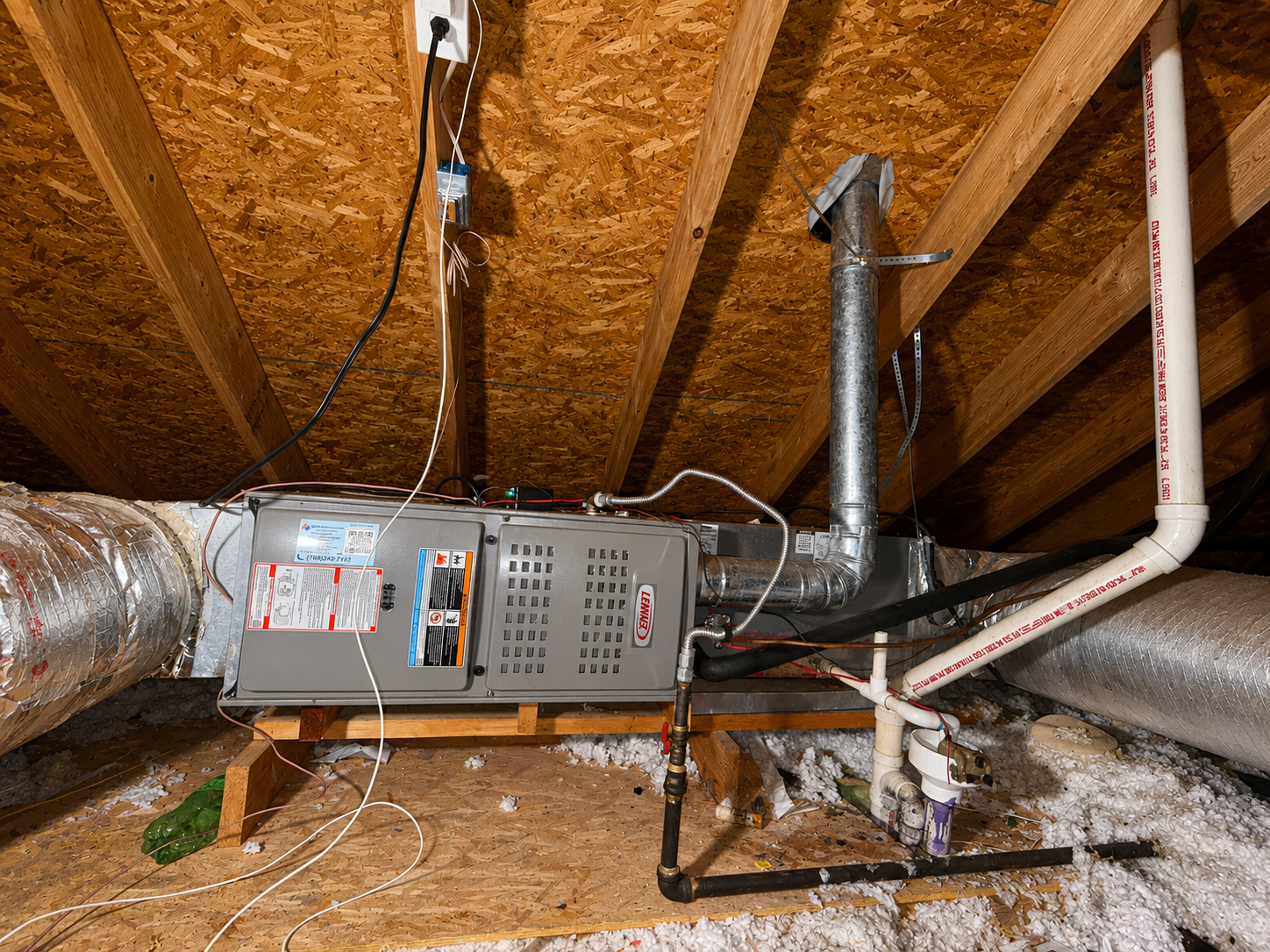Attic HVAC furnace and ductwork with exposed insulation and pipes under sloped roof trusses