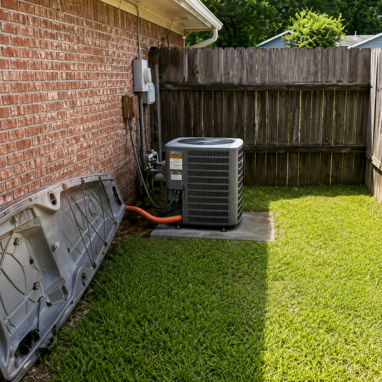 Outdoor HVAC unit beside a brick house and wooden fence, with a detached vent panel leaning on the grass.