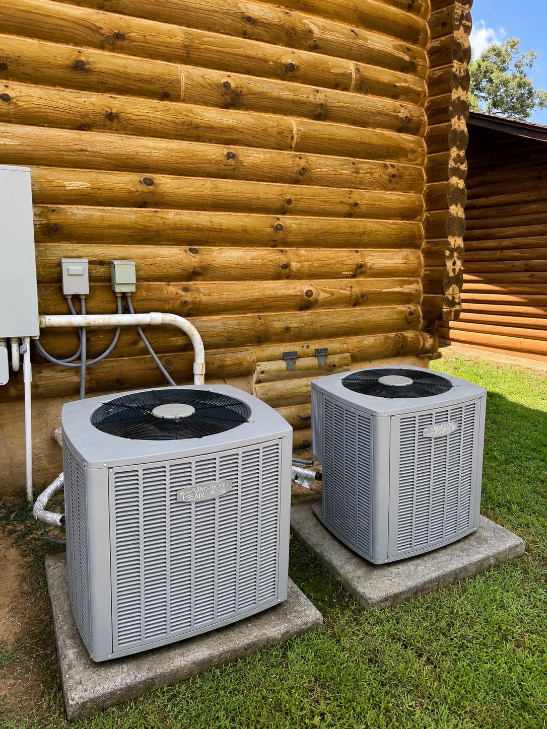 Two outdoor air conditioner units beside a log cabin wall on concrete pads.