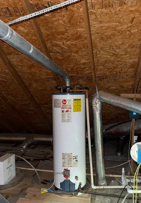 Water heater and ductwork in an unfinished attic with exposed plywood walls and ceiling framing