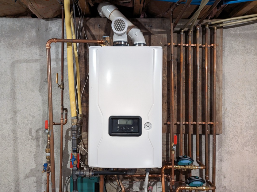 White wall-mounted boiler with pipes in a utility room