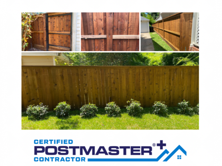 Wood privacy fence installation with before-and-after views and Certified Postmaster+ logo