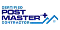 Certified Postmaster Contractor logo in blue and black with a house icon and upward arrow.