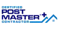 Certified Postmaster Contractor logo in blue and black with a house icon and upward arrow.