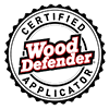 Certified Wood Defender applicator logo in black, white, and red with a circular badge design