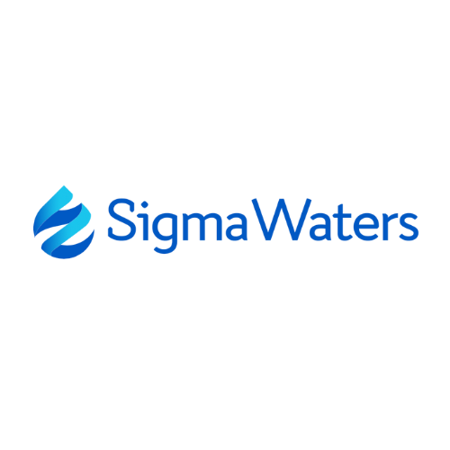 SigmaWaters blue water-drop logo and wordmark on a white background
