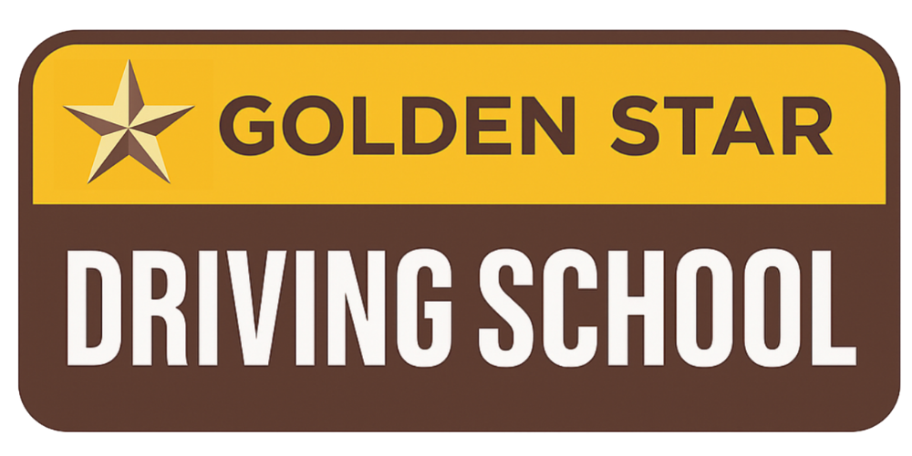 Logo for Golden Star Driving School: a gold star on a gold bar above brown text that says