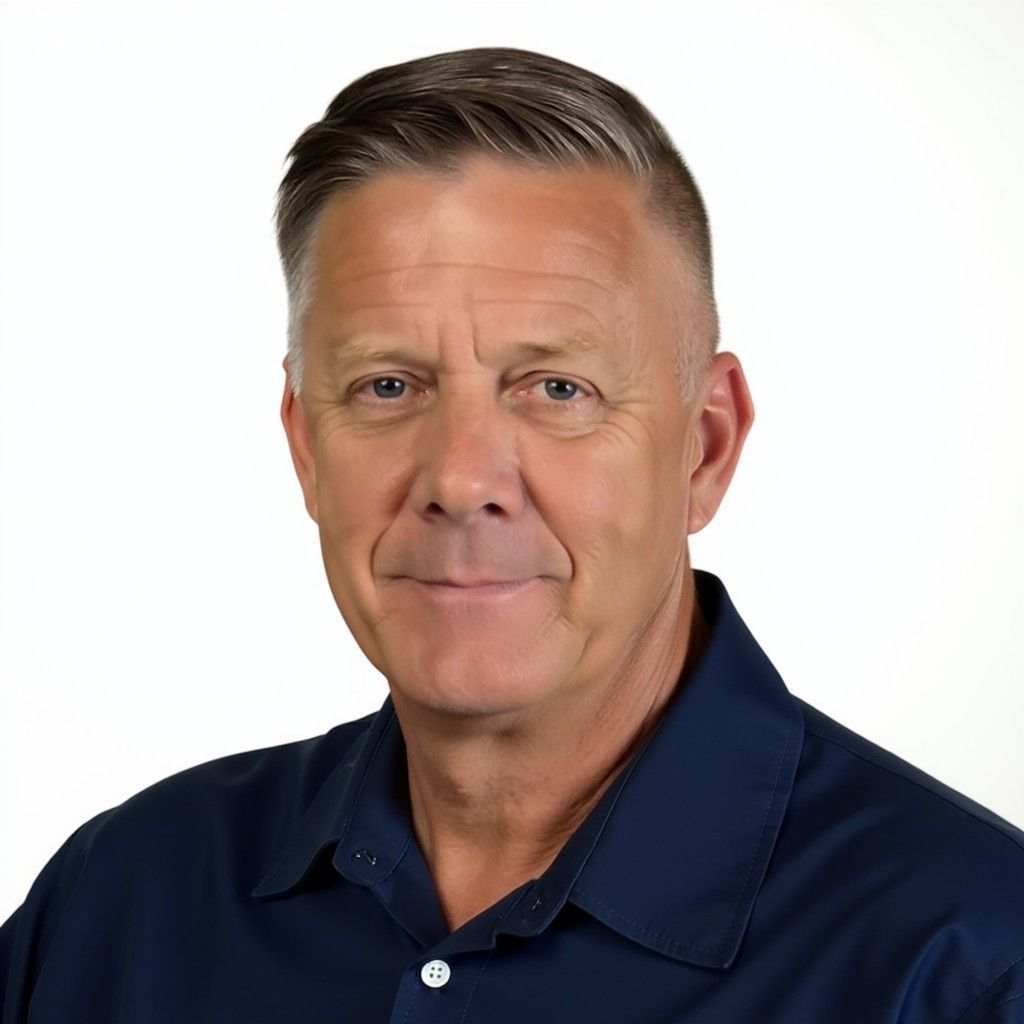 Studio headshot of a man in a navy polo shirt against a white background