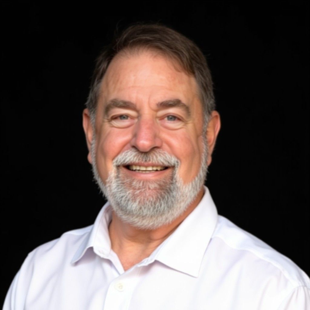 Smiling man with gray beard in a white shirt against a black background