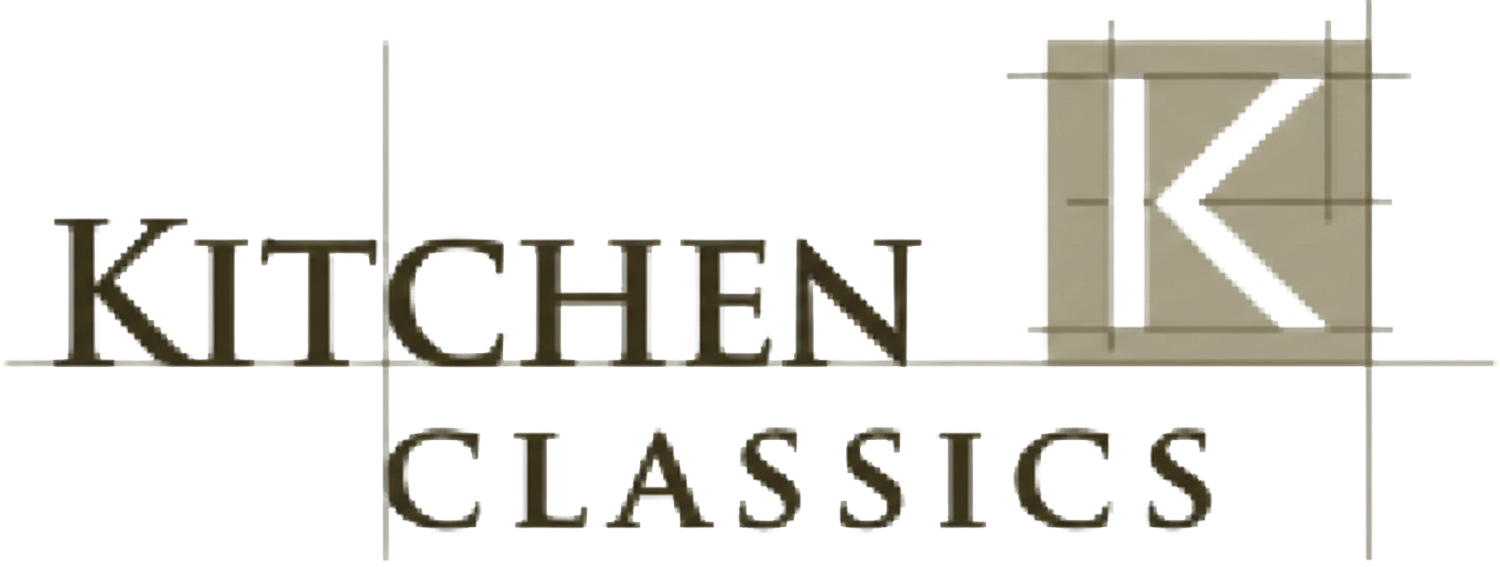 Kitchen Classics logo with beige text and a stylized white K on a tan square background