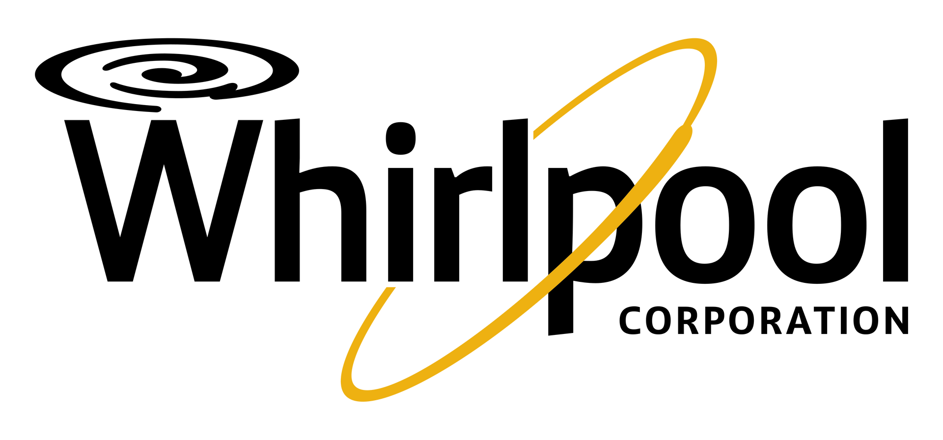 Whirlpool Corporation logo in black with gold swoosh on white background