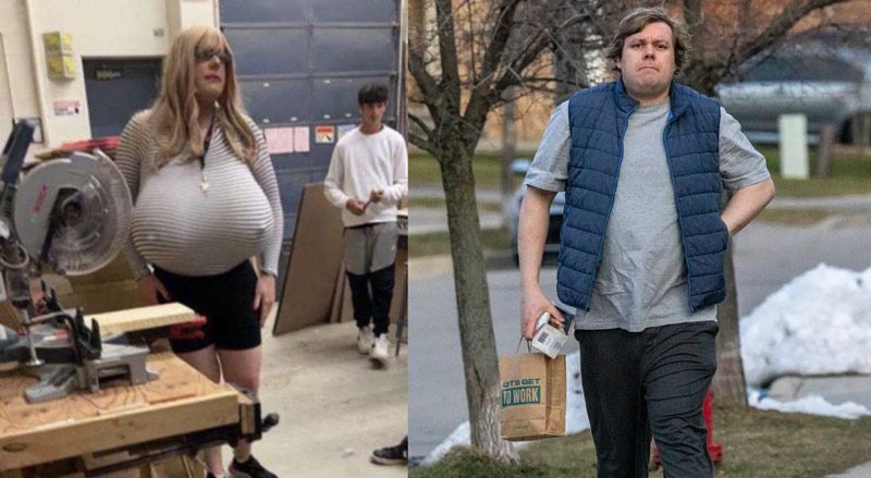 Transgender Teacher with Giant Prosthetic Breasts Dresses as Man Outside School