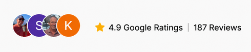 Star rating with “4.9 Google Ratings” and “187 Reviews” beside overlapping circular profile icons.