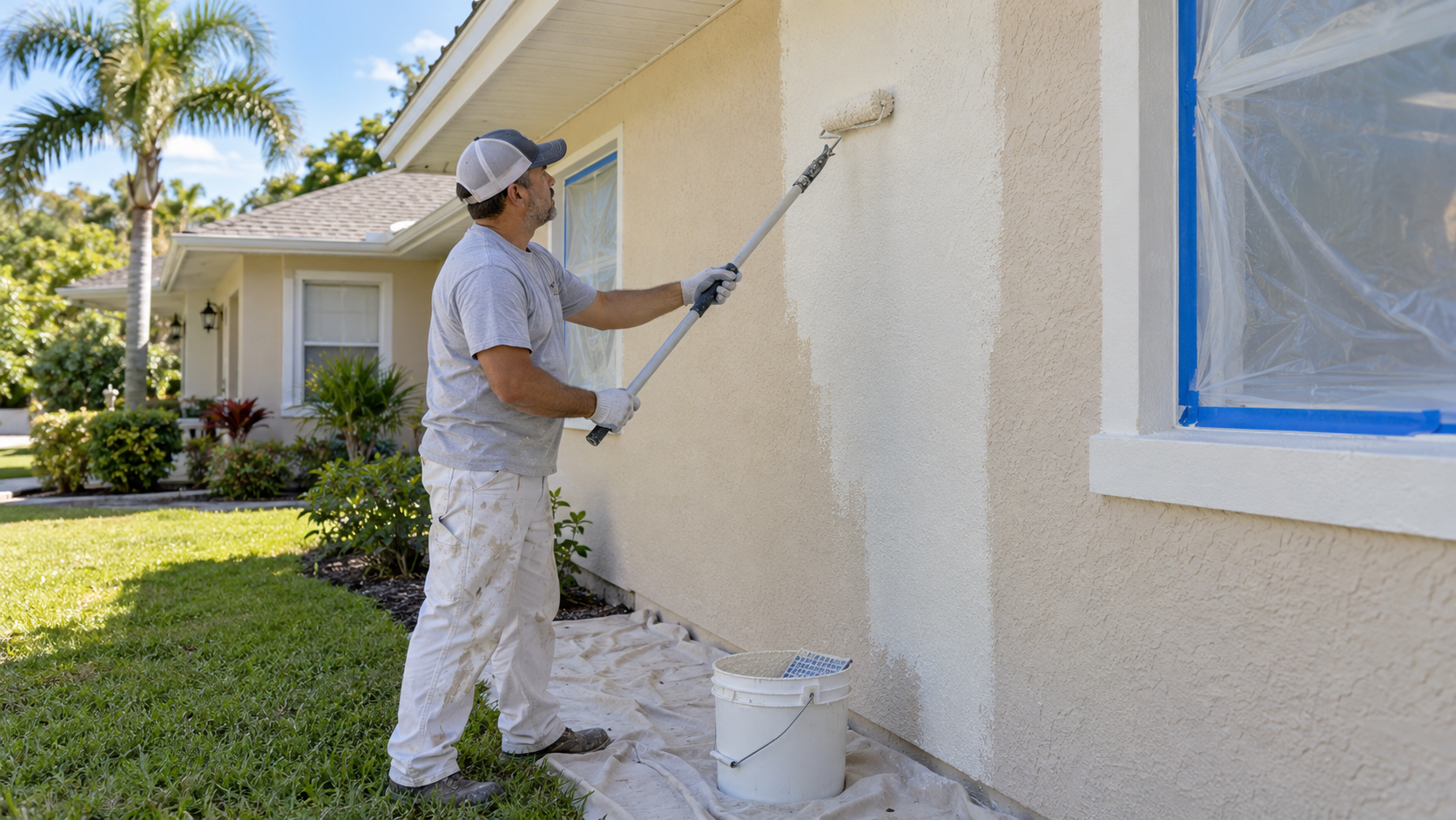 Painter rolling fresh exterior paint onto a Central Florida home