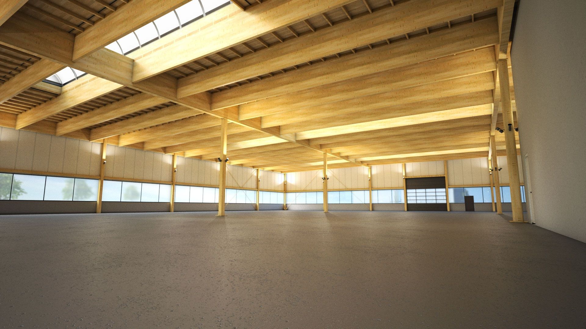 Empty indoor arena with wooden beams, a high ceiling, and sunlight streaming through windows.