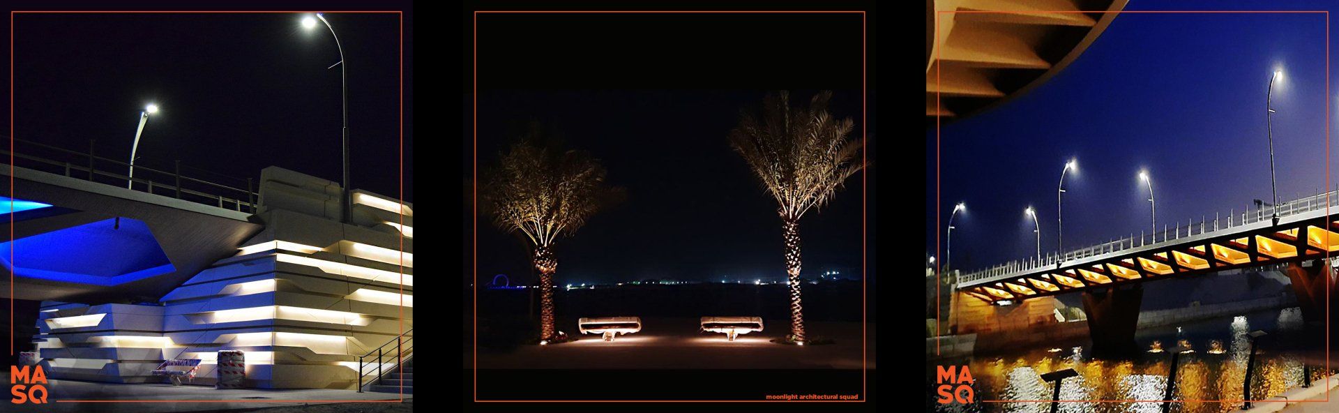 Illuminated trees and pathway lighting in Lusail City, highlighting modern urban infrastructure at night.