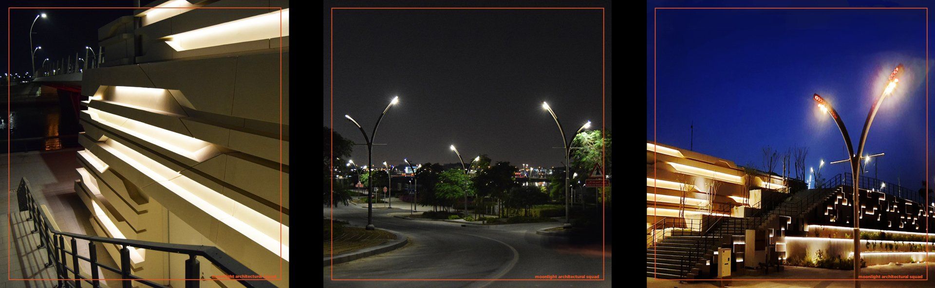 Night view of Lusail City infrastructure featuring a well-lit bridge and modern streetlights.