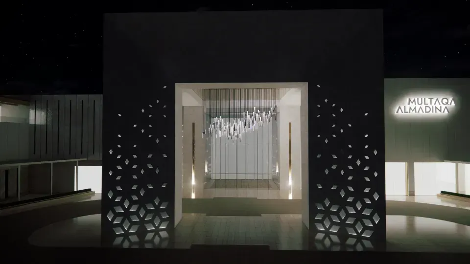 A front view render of the lighting design of the entrance at Multaqa El Madina