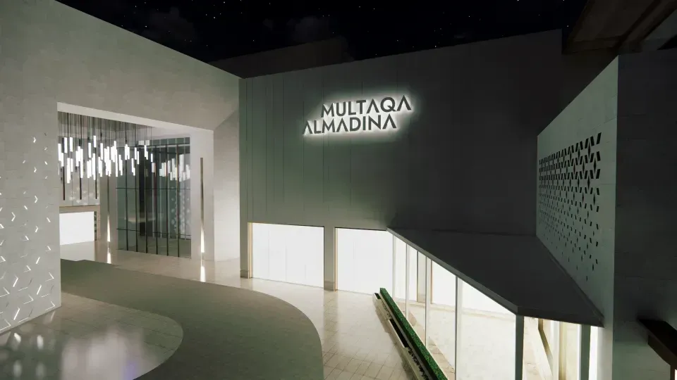 A side view render of the lighting design of the entrance at Multaqa El Madina