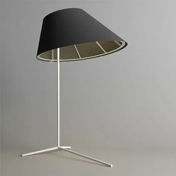 Modern floor lamp with a black shade and slim metal stand for acoustic lighting.