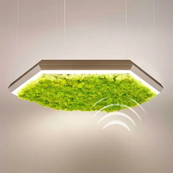 Pendant light with a built-in green acoustic panel for lighting and sound absorption.