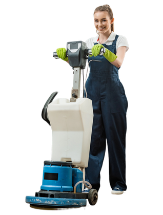 Donna che utilizza una lucidatrice per pavimenti, pulendo un pavimento bianco.