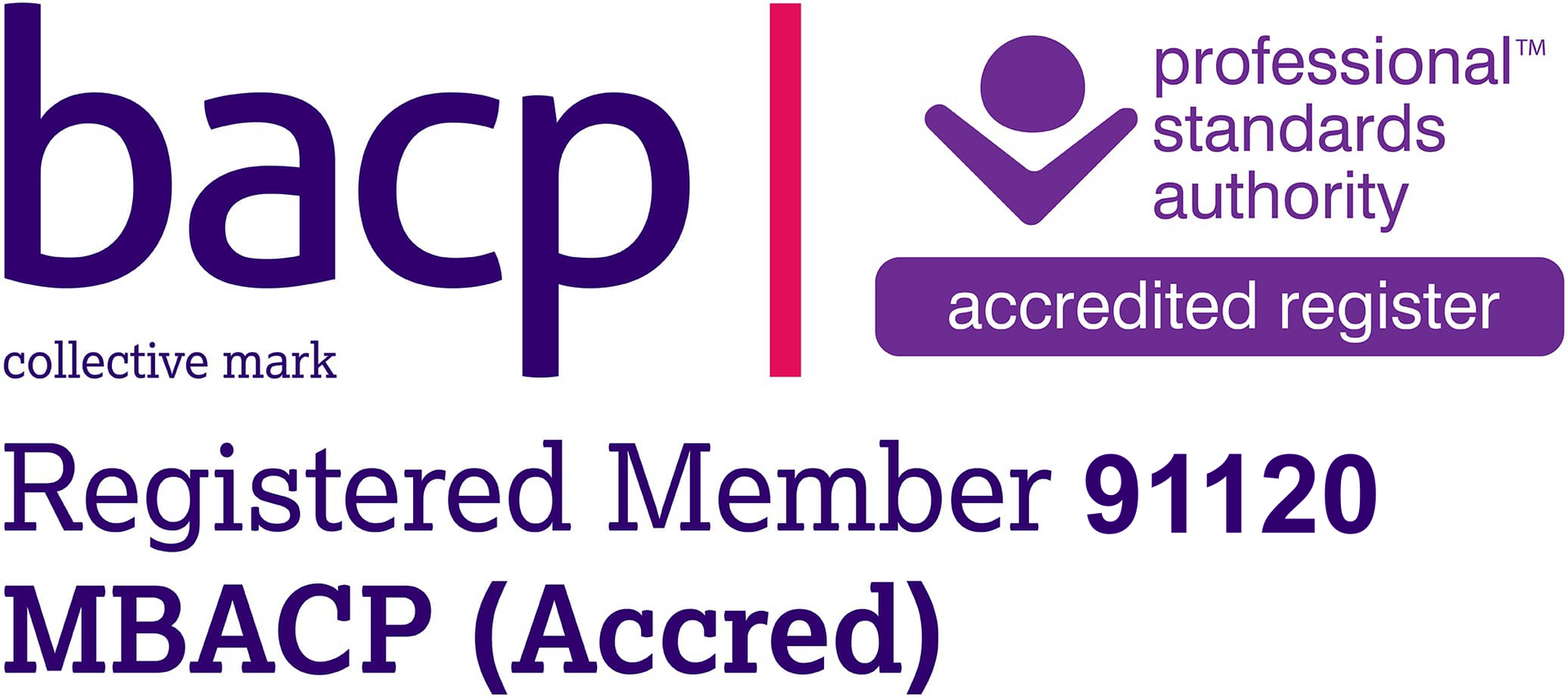 BACP professional standards authority accredited register logo with Registered Member 91120 and MBACP (Accred) text