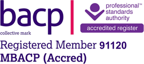 BACP professional standards authority accredited register logo with Registered Member 91120 and MBACP (Accred) text