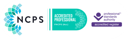 NCPS and registered therapists logos on a white background, with turquoise and purple branding