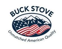 Buck Stove logo with mountains and wavy American flag, text “Unmatched American Quality”