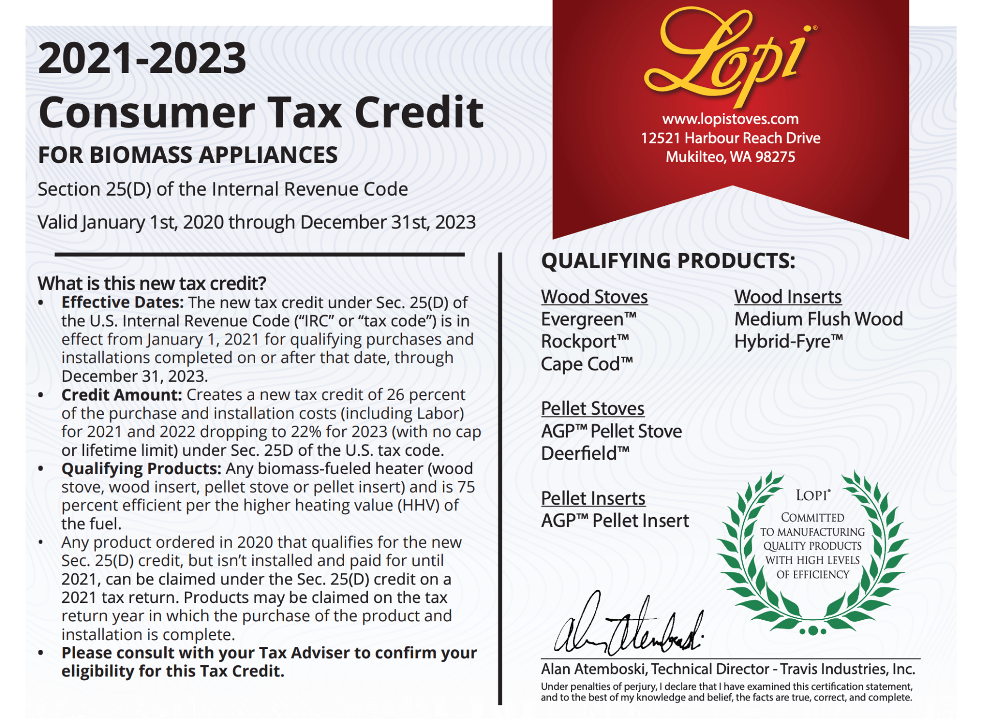 Federal biomass stove and fireplace tax credit information for eligible home heating products
