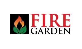 Fire Garden logo with a flame and green leaves on black, red and black text