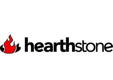 Hearthstone logo with a red-and-black flame icon and black wordmark on a white background