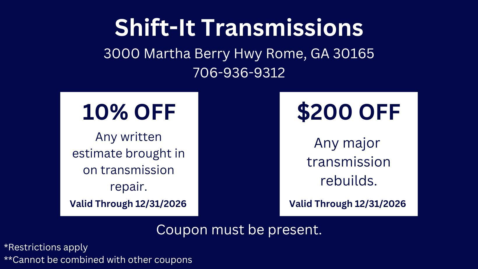 A coupon for shift-it transmissions in martha berry hwy rome ga