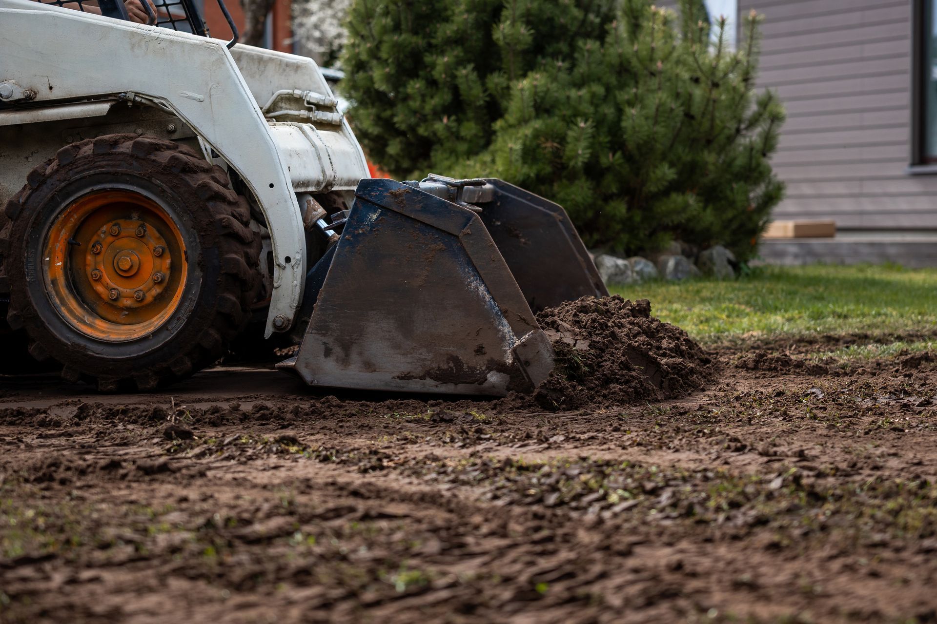 White skid-steer loader pushing dirt with a bucket in a yard near a house