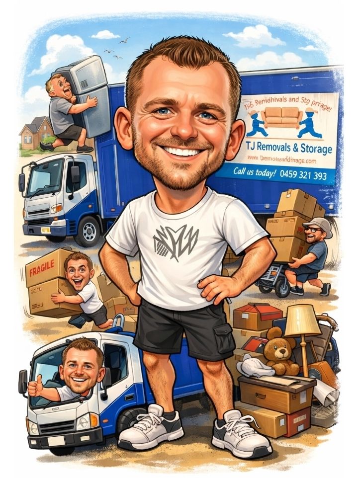 Cartoon man in a white T-shirt stands among moving boxes and moving trucks for J. Renwood & Storage — TJ Removals and Storage in Wagga Wagga, NSW