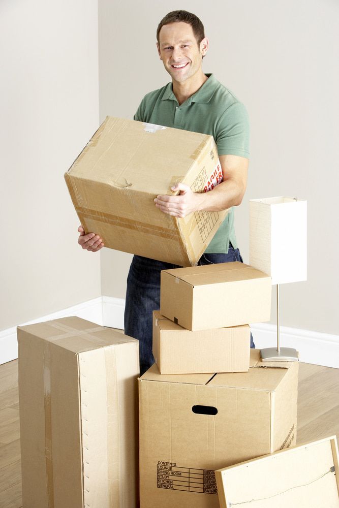 A Man is Holding a Box in Front of a Pile of Cardboard Boxes — TJ Removals and Storage in Wagga Wagga, NSW