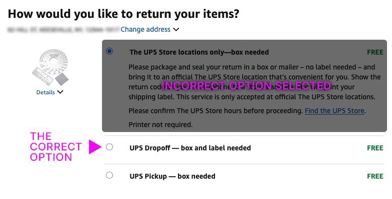 Amazon return page showing options with a 