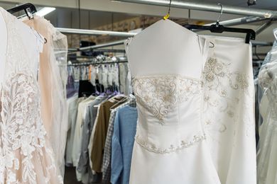 Wedding gown displayed with professionally cleaned garments