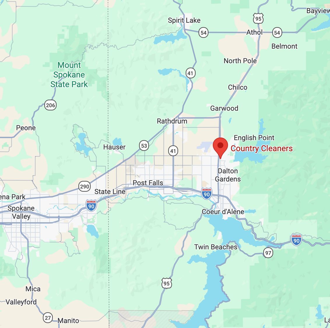 Map of Country Cleaners pickup and delivery service area in North Idaho, including Hayden, Coeur d’Alene, Post Falls, and Rathdrum.