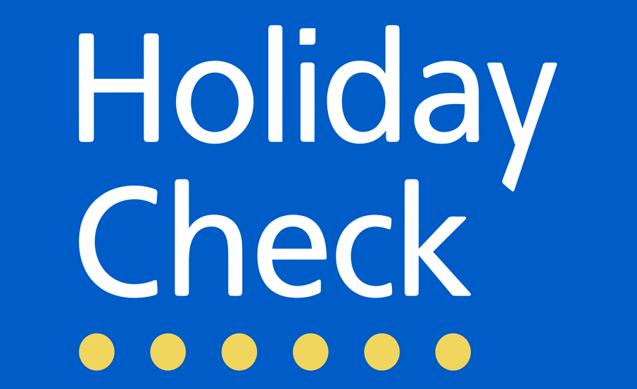 Holiday Check-Logo auf blauem Hintergrund mit weißer Schrift und gelben Punkten.