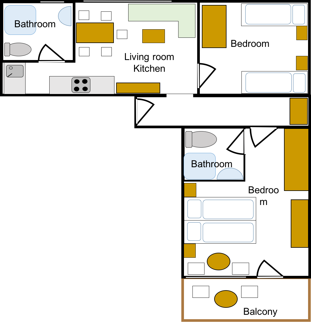 Grundriss einer Wohnung mit Wohnzimmer, Küche, Schlafzimmern, Badezimmern und Balkonen.
