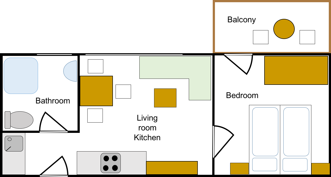 Grundriss einer kleinen Wohnung mit Schlafzimmer, Küche, Wohnzimmer und Eingangsbereich.