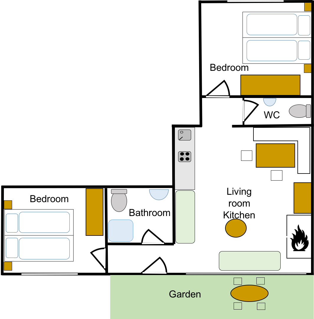 Grundriss eines kleinen Hauses mit zwei Schlafzimmern, Badezimmer, Wohnzimmer, Küche, WC und Garten.