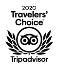 TripAdvisor Travelers' Choice Award-Auszeichnung 2020 mit schwarzem Lorbeerkranz und Eulenlogo auf weißem Hintergrund
