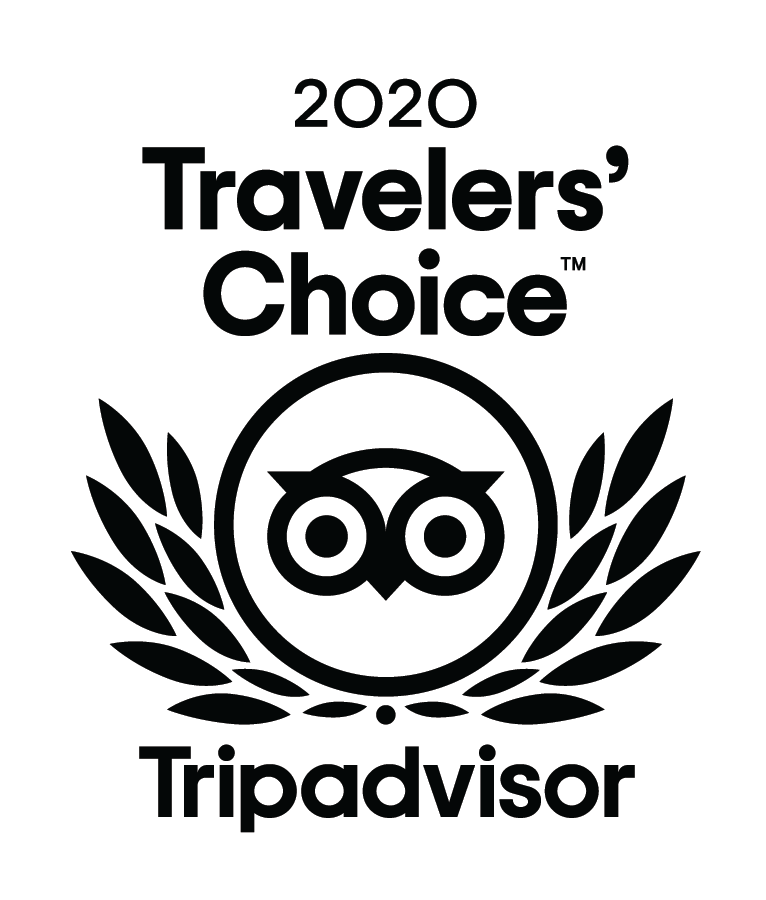 TripAdvisor Travelers' Choice Award-Auszeichnung 2020 mit schwarzem Lorbeerkranz und Eulenlogo auf weißem Hintergrund